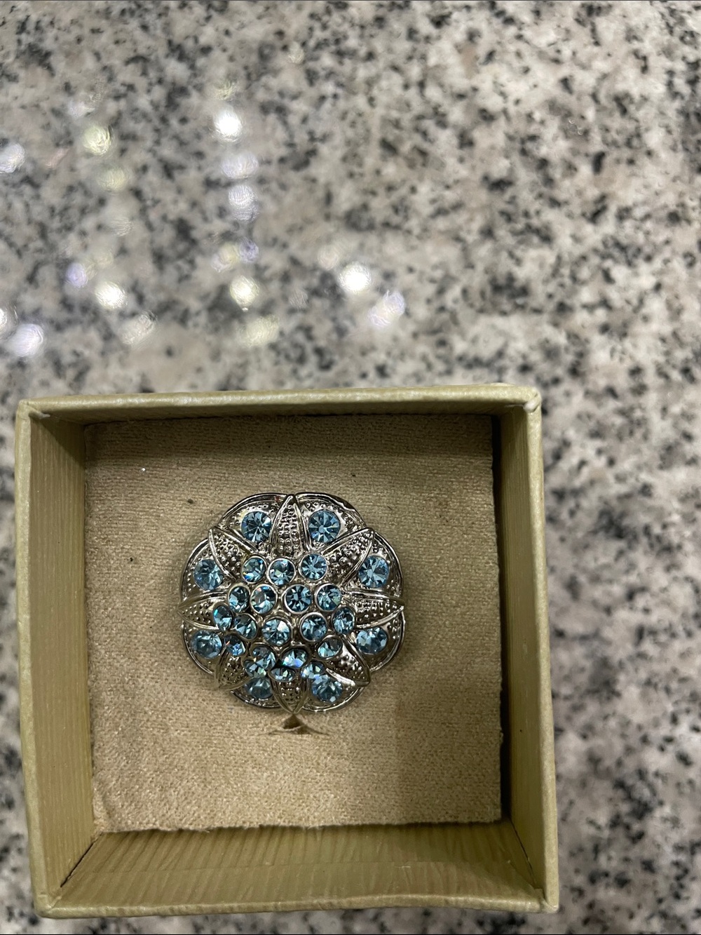 Silver Floral Brooch Ring with Blue Crystals - Women's Jewelry